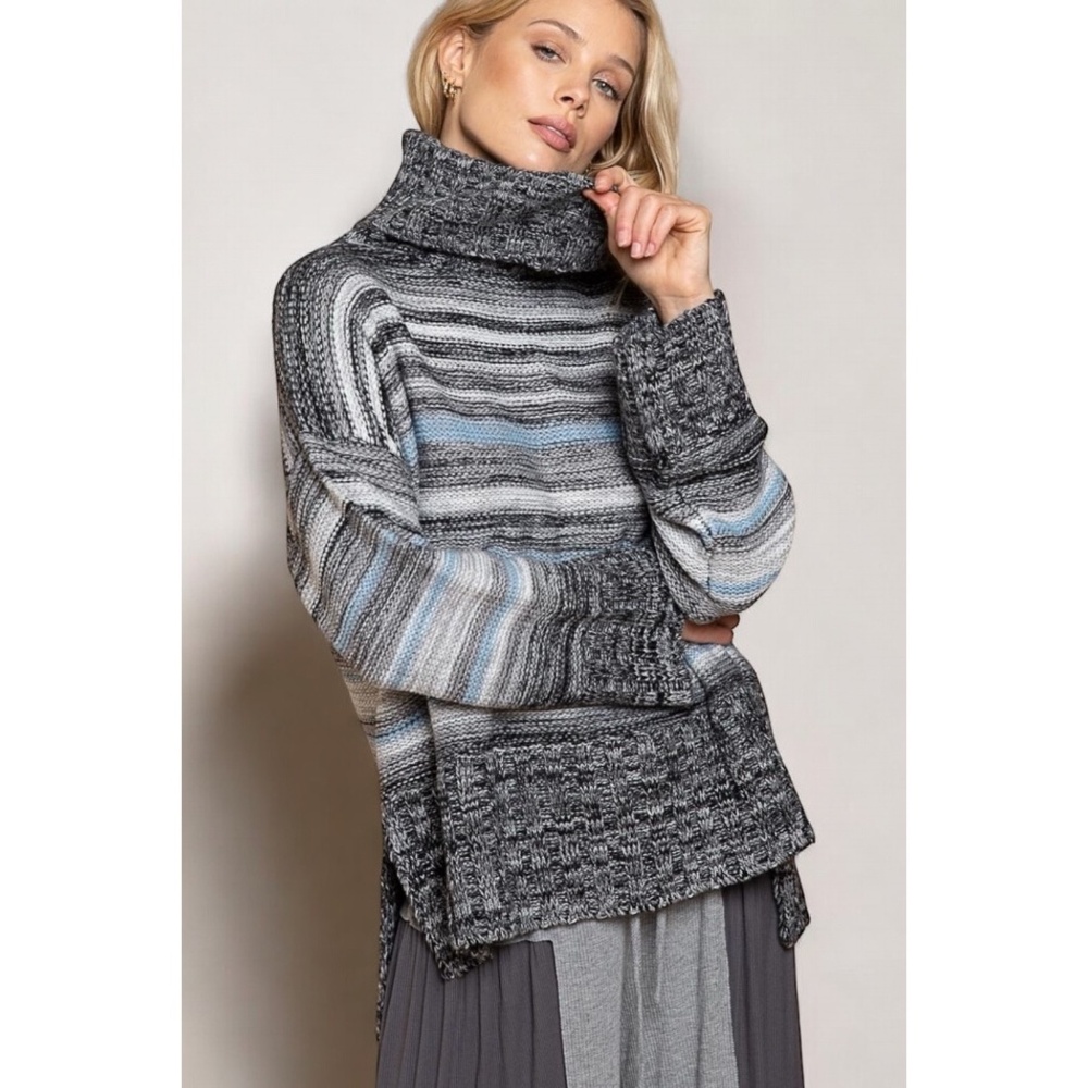 POL Heather Black Gray Blue Striped Relaxed Fit Turtleneck Sweater - Picture 2 of 8